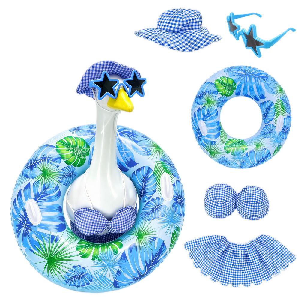 Inflatable Goose Pool Float with Five-Piece Bikini Set Includes Hat Sunglasses Top Skirt and Swim Ring for Summer Water Activities