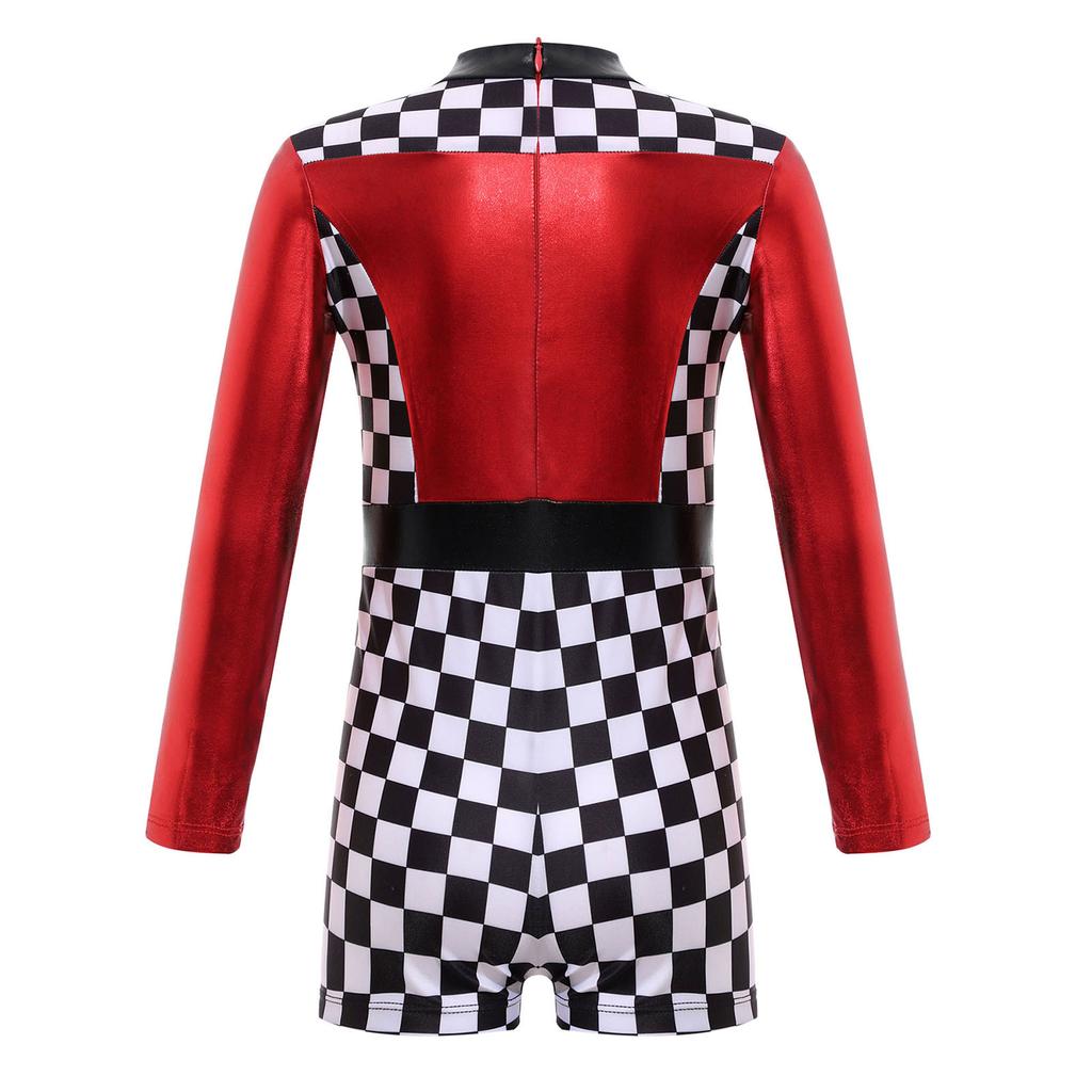 Girls Race Car Racer Costume Long Sleeve Checkerboard Print Back Zipper Short Jumpsuit Cosplay Costume