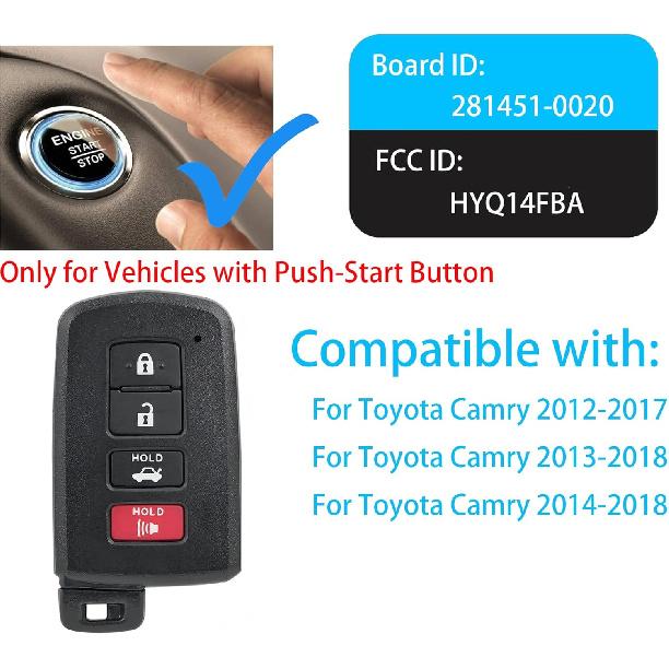 Smart Key Fob for Toyota Camry 2012-2017, Alliskeys Proximity Remote Control Key Fob Compatible for Toyota Camry Avalon Corolla 2013-2018 HYQ14FBA