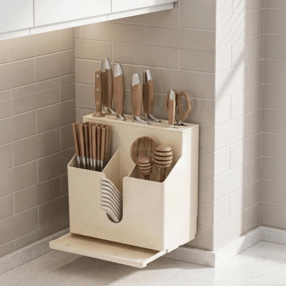 Plastic Integrated Cutlery Holder No Drill Wall Mounted Chopstick Storage Rack Large Capacity with Drain Tray