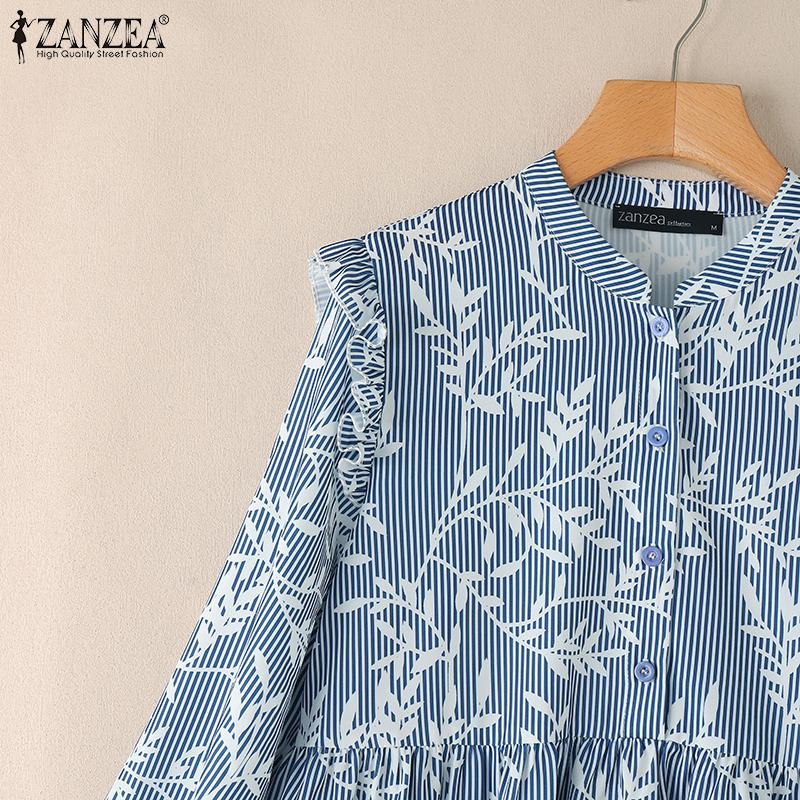 ZANZEA Women Casual Round Neck Loose Long Sleeve Print Blouse