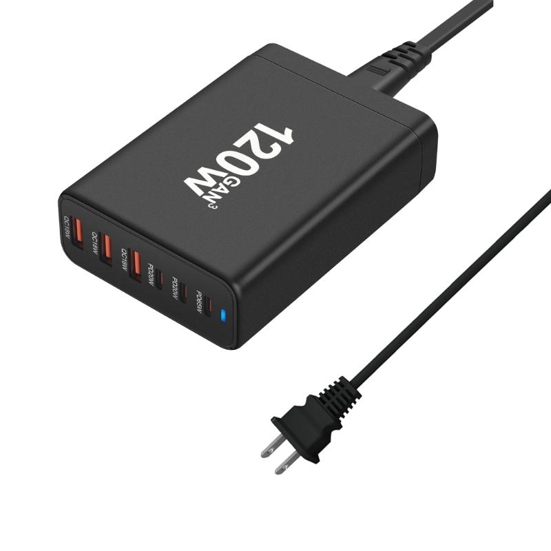 Portable 120W USB Charging Station with 6 Port, 3 Type C PD and 3 USB A for Phones Tablets Simultaneous Device Charging