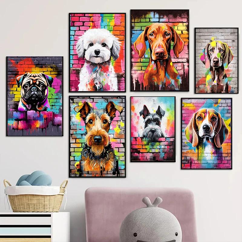 Cute Pet Dogs Graffiti Poster Prints Aesthetic Pug Dachshund Maltese Dog Wall Art Canvas Painting Home Kids Room Decor Picture