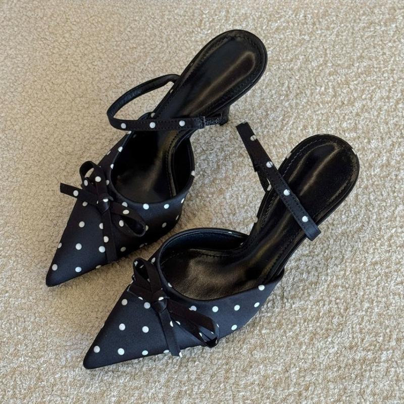 

Pointed Toe High Heels Women Dot Sandals Summer Singbacks Mules Shoes Elegant Butterfly-knot Stripper Party Sandalias 33EU/CN34 чёрный