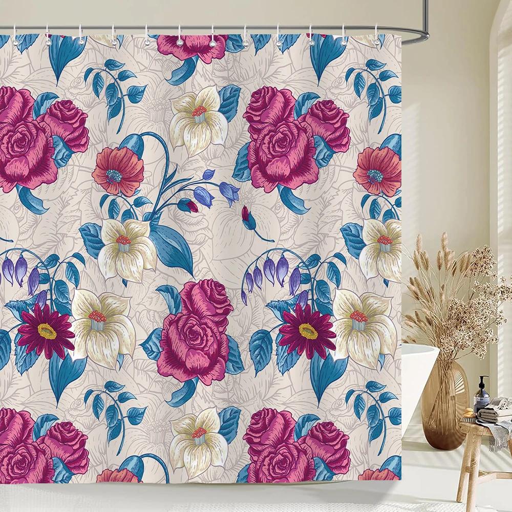 Watercolor Flowers Floral Shower Curtains Pastoral Spring Greenery Plants Home Decor for Bathroom Polyester Fabric Bath Curtain
