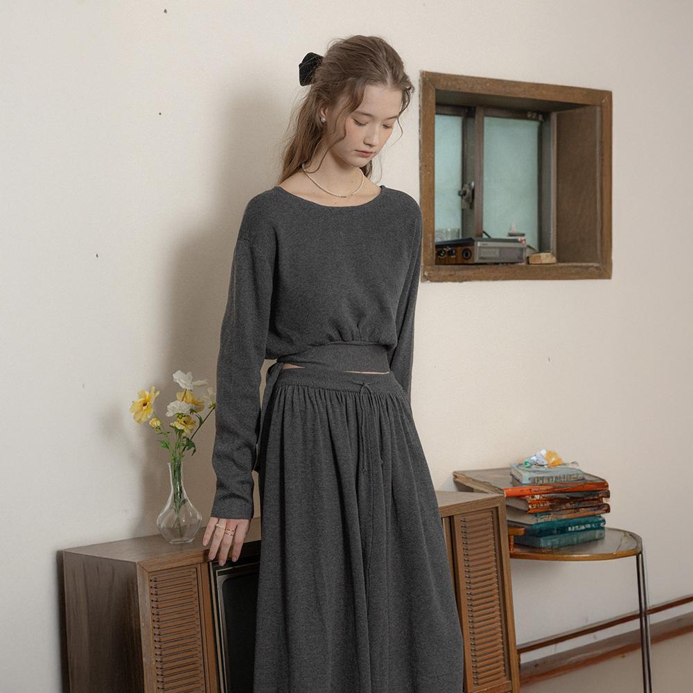 Peulaudeumali Pm_Tie-Strap Knit Top And Skirt Two-Piece Set_Charcoal