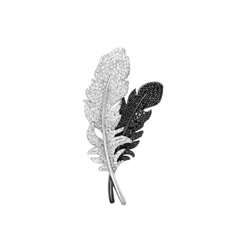 Black and White Feather Minimalist Stud Elegantly Set with Diamonds Feather Brooch Unique Design Pin