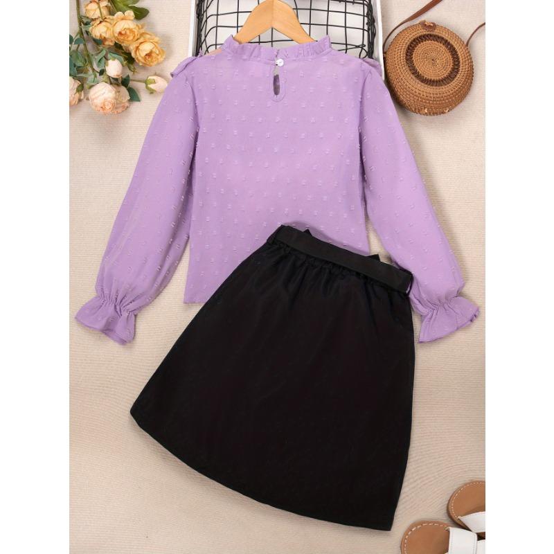 Big girls long-sleeved + skirt fashion suit, autumn thin top with fungus edge decoration and see-through neckline, long-sleeved belt, horn cuffs
