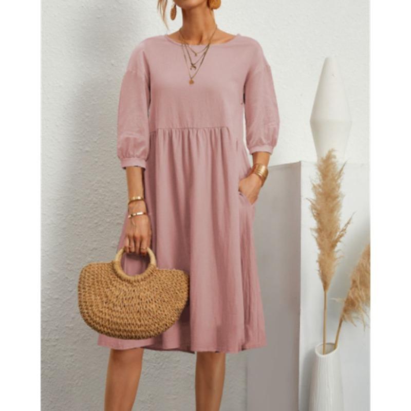 New Women's Solid Color Fashionable Sleeve Loose Cotton Linen Dress