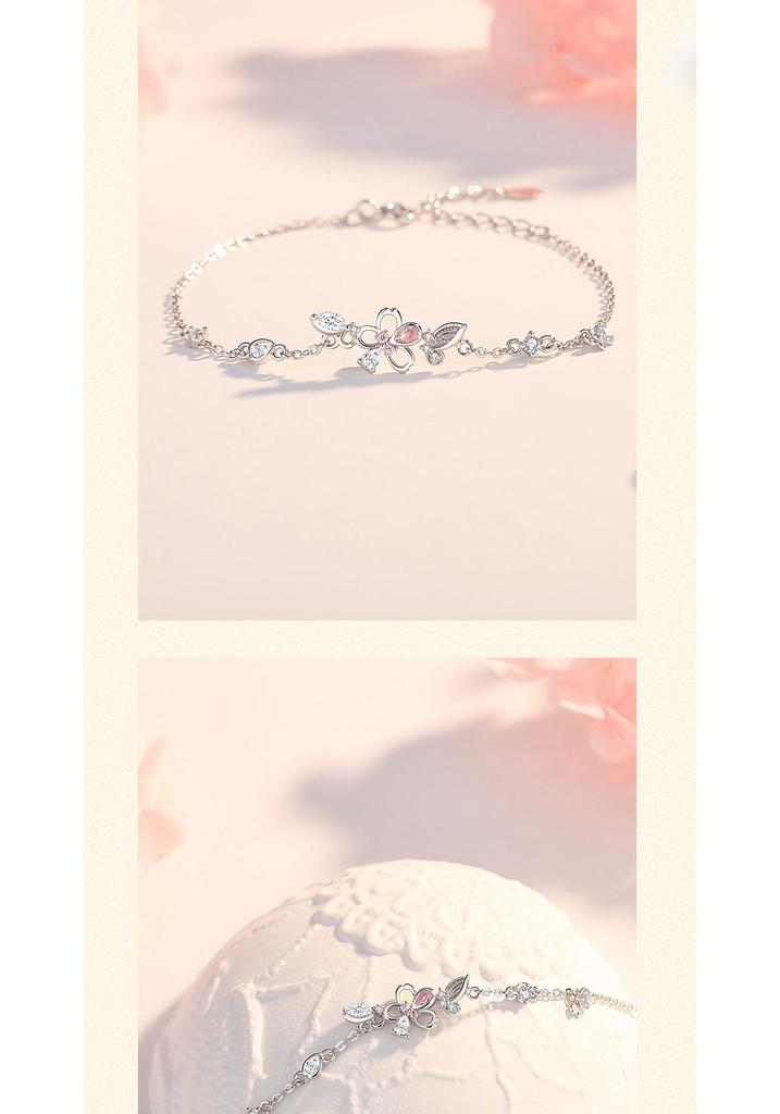 S925 Sterling Silver Cherry Blossom & Butterfly Bracelet for Women - Light Luxury Pink Series - Romantic Holiday Gift