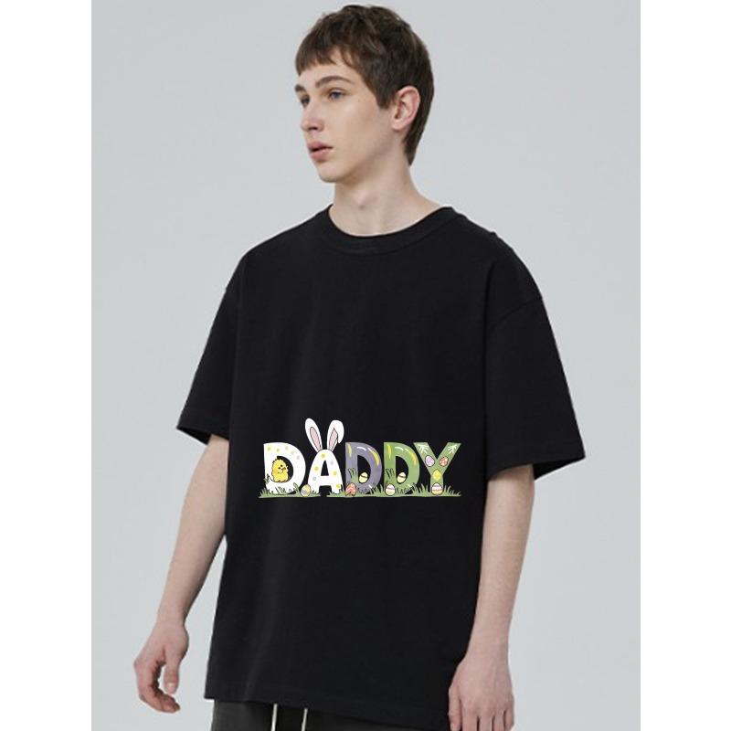 Black T Shirt Daddy Easter Bunny Eggs and Chick Print for Casual Wear