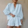 Completo Estivo Casual da Donna in Cotone e Lino con Pantaloncini Arricciati e Pullover a Maniche Lunghe con Coulisse in Lino (Set 2 Pezzi)