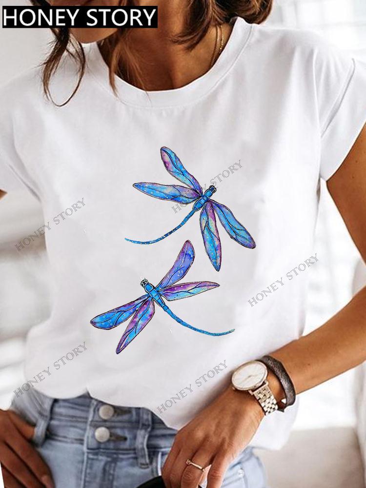 Dragonfly Butterfly Print Base Top Loose Women's Short-sleeved T-shirt Round Neck Oversized T Shirt  Women Clothes