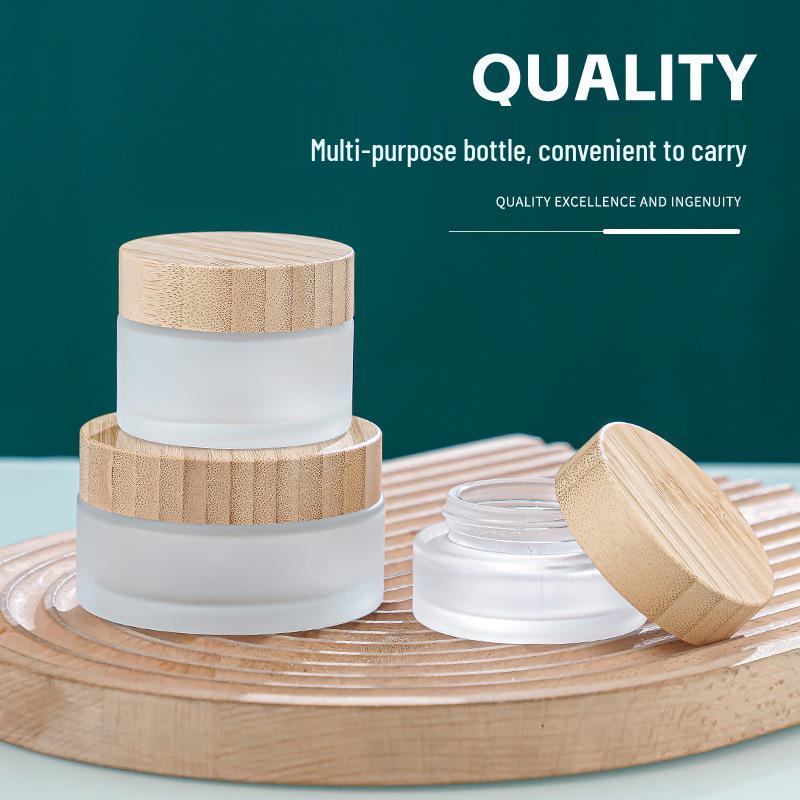Frosted Glass Cream Jar with Wood Grain Lid - Refillable Cosmetic Container