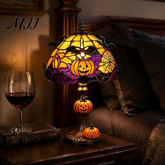 Seasonal Bedroom Decor Halloween Pumpkin Bat Table Lamp, Stained Glass Reading Light, Gothic Festive Accent Cozy Nightstand Light for Bookshelf,