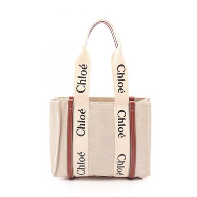 Used WOODY Medium Tote Tote Bag Canvas Leather Beige Brown Used Women