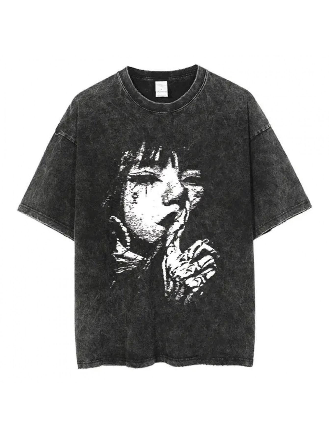 

Vintage Anime Girl Face TShirt Wash Black Tees Cool Aesthetic Streetwear Harajuku Graphic Shirt Unisex Casual Top for Men Women S