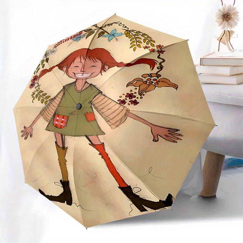 Pippi Langstrumpf, Illustration Automatisches Öffnen und Schließen Regenschirm, Kompakter Reise Regenschirm, Leicht und Tragbar, Geeignet für Bea
