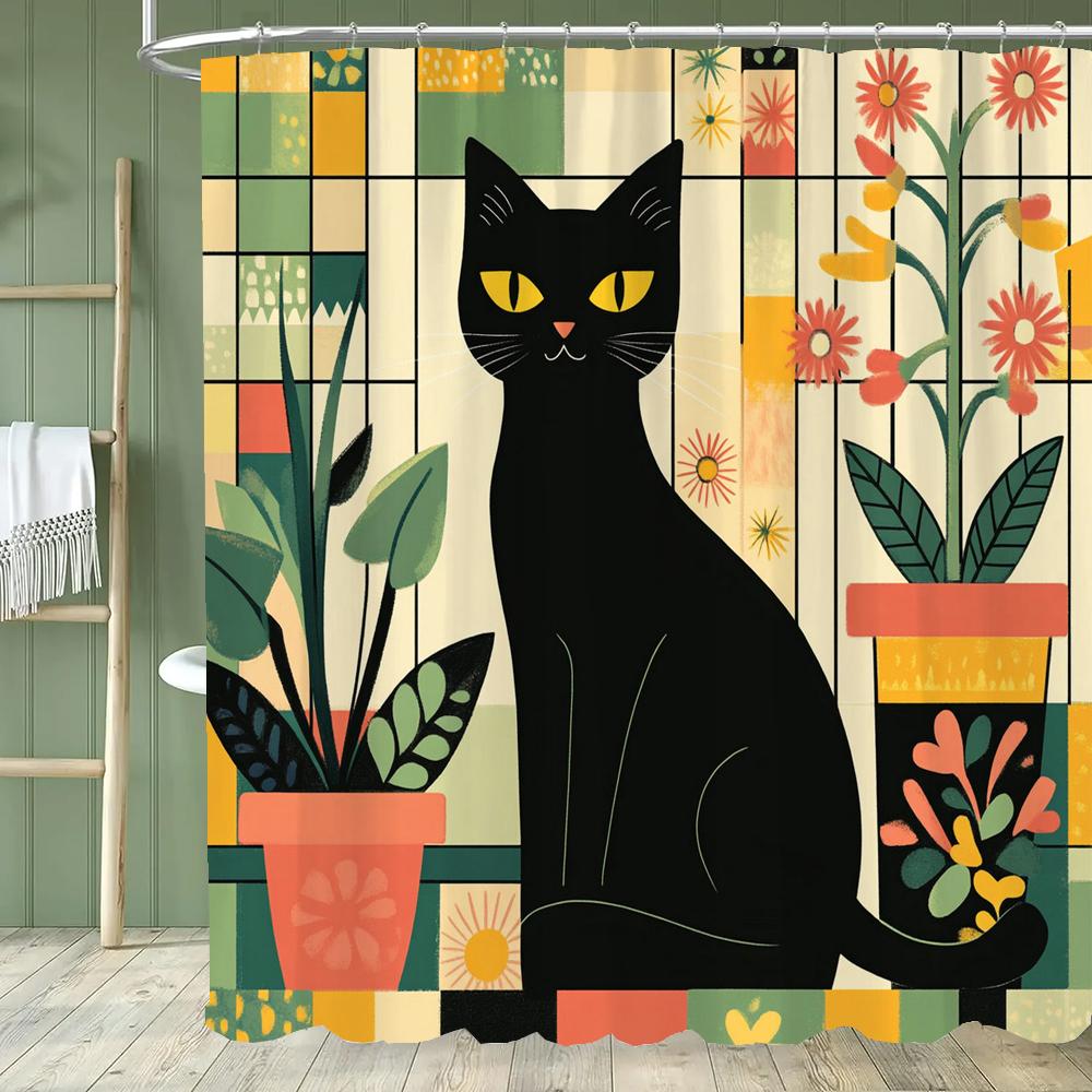 Cartoon Cat Shower Curtain, Bathroom Decorative Flowers Shower Curtains, Home Printed Polyester Fabric Curtain with Hooks