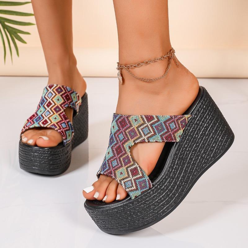 Women’s Canvas Wedge One-Strap Sandals, Thick Sole Summer Beach Slides