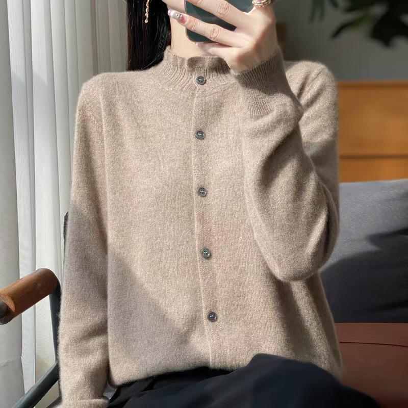 Elegant Women's Wool Knit Cardigan with Lace Collar - Long Sleeve, Loose Fit, Perfect for Spring/Autumn Layering