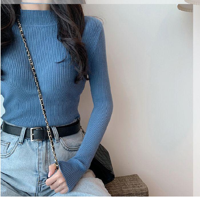 For Autumn and Winter, Wear A Fitted Long-sleeved Semi-high-neck Knitted Sweater As A Student Top