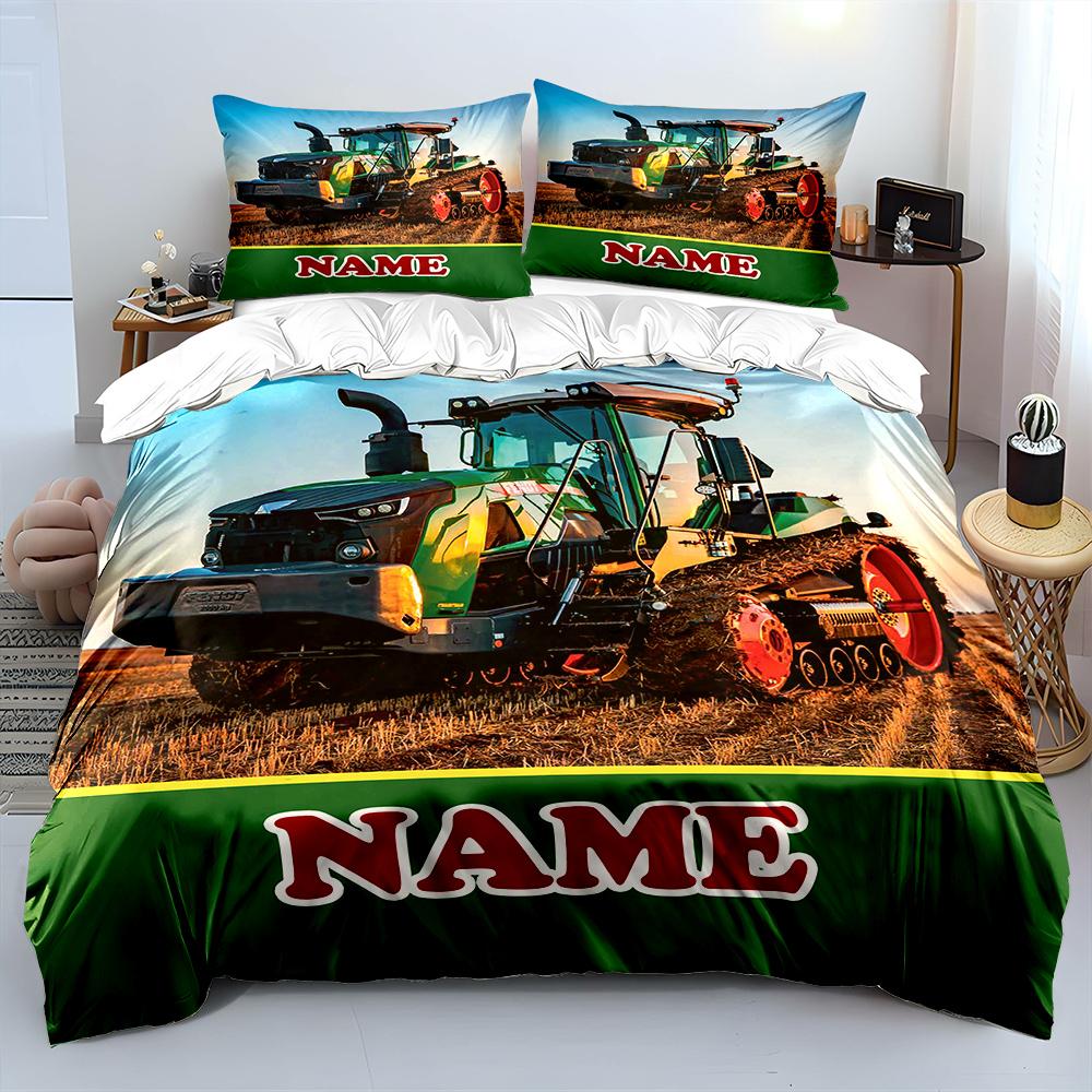 

3PC Name Custom Quilt Cover Tractor Print 1Duvet Cover 2 Pillowcases Adult Children Bedding Set Luxury Bed Comforter Set EU Twin 135X200cm