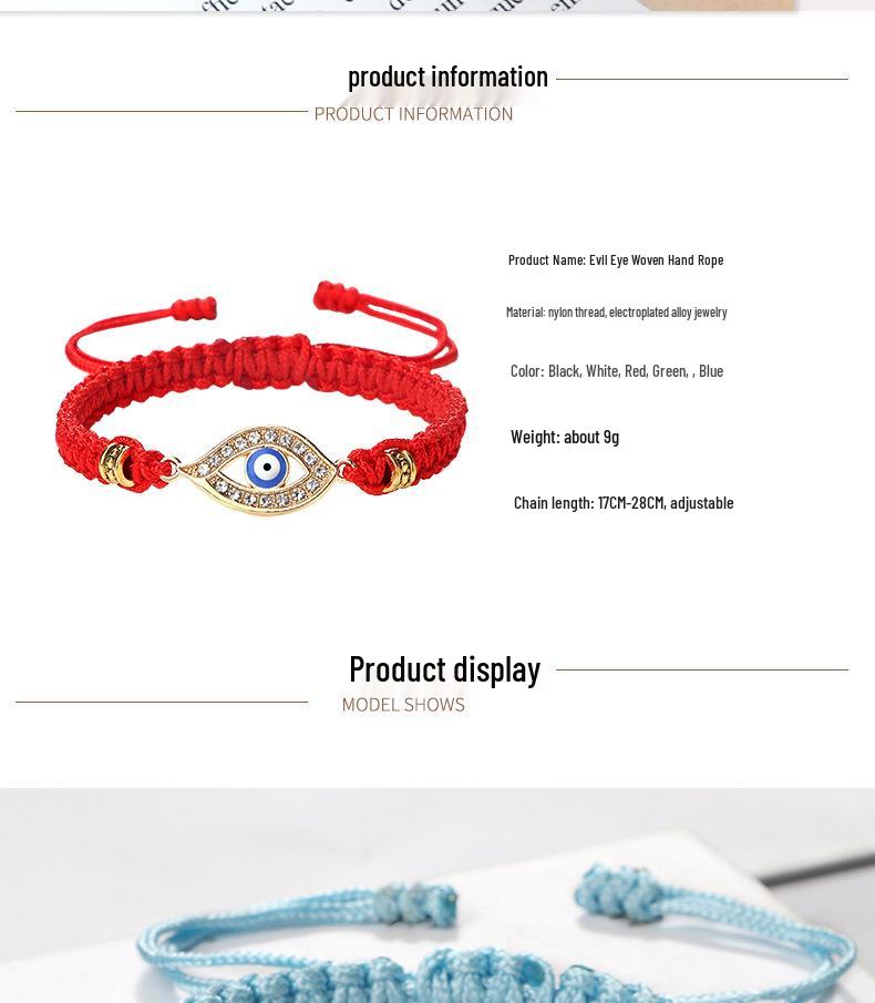Boho-Handgefertigtes Blaues Strassstein-Böser Blick-Armband mit Rotes Nylonband