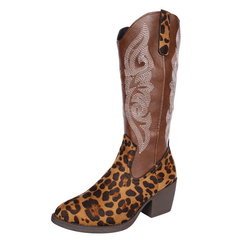Embroidered Tall Western Cowboy Boots Women's Cross-border New Thick Heel Embroidered Leopard Print To Make a Knight Boots