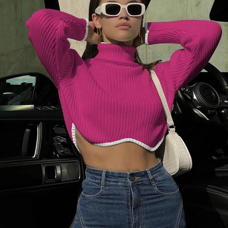 Fashion Turtleneck Irregular Hem Women Short Sweater Autumn Winter Long Sleeve Knitted Pullover Tops Elegant Sueter Mujer 30568