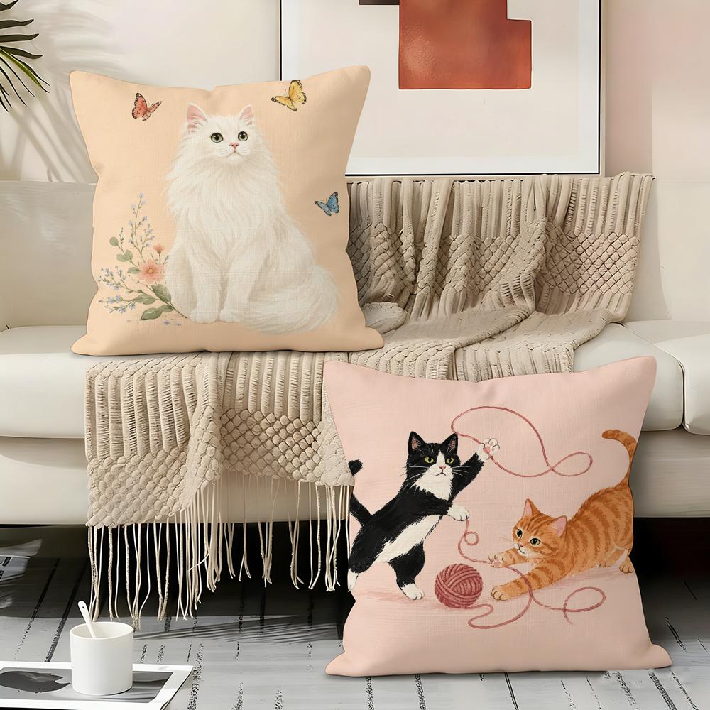 Cat Is Leisure Life Square Cushion Cover Durable Hypoallergenic Organic Linen Pillow Cover Short Size Washable Skin-Friendly