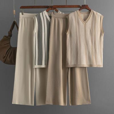Automne hiver paresseux vent ample col haut pull pull costume femmes couleur unie à manches courtes en tricot pantalon à jambes larges deux pièces ensemble