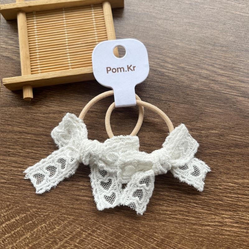 2pcs/set Beige Color Cute Lace Bow Hair Ties for Girls Fashionable Stretch Versatile Kids Ponytail Holders with Floral Lace Trim