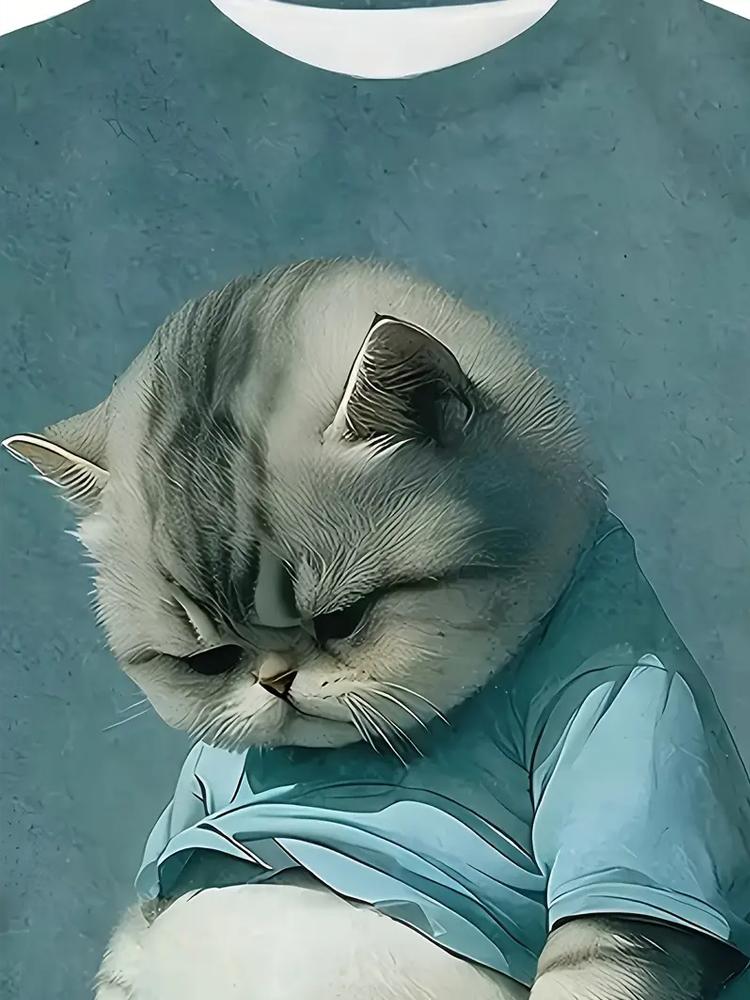 Men's Funny Fat Cat Graphic T-Shirt Casual Crew Neck Short Sleeve Tee