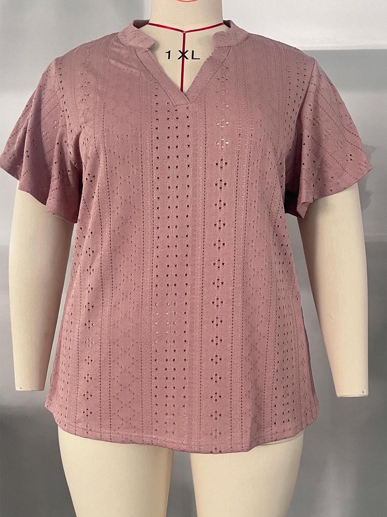 2024 Summer Women's Plus Size V-Neck Batwing Sleeve Hollow Breathable T-Shirt