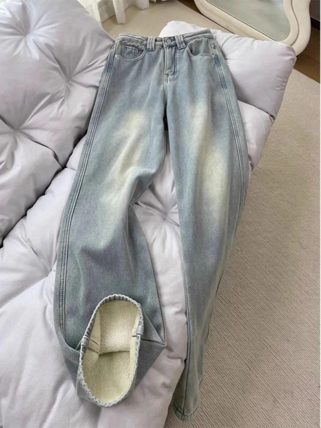 

Retro High Waist Yellow Wide-Leg Velvet-Lined Jeans for Women - Autumn/Winter Collection Large