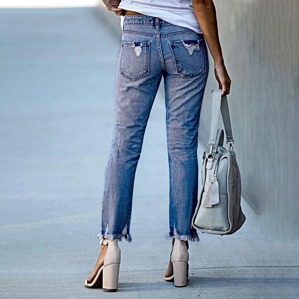 Ladies' Fashionable Straight Leg Ripped, Flanged And Fringed Casual Jeans