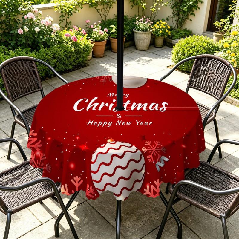Outdoor Christmas Tablecloth Round Waterproof Oil-Resistant Patio Table Cover Garden Deck Umbrella Hole