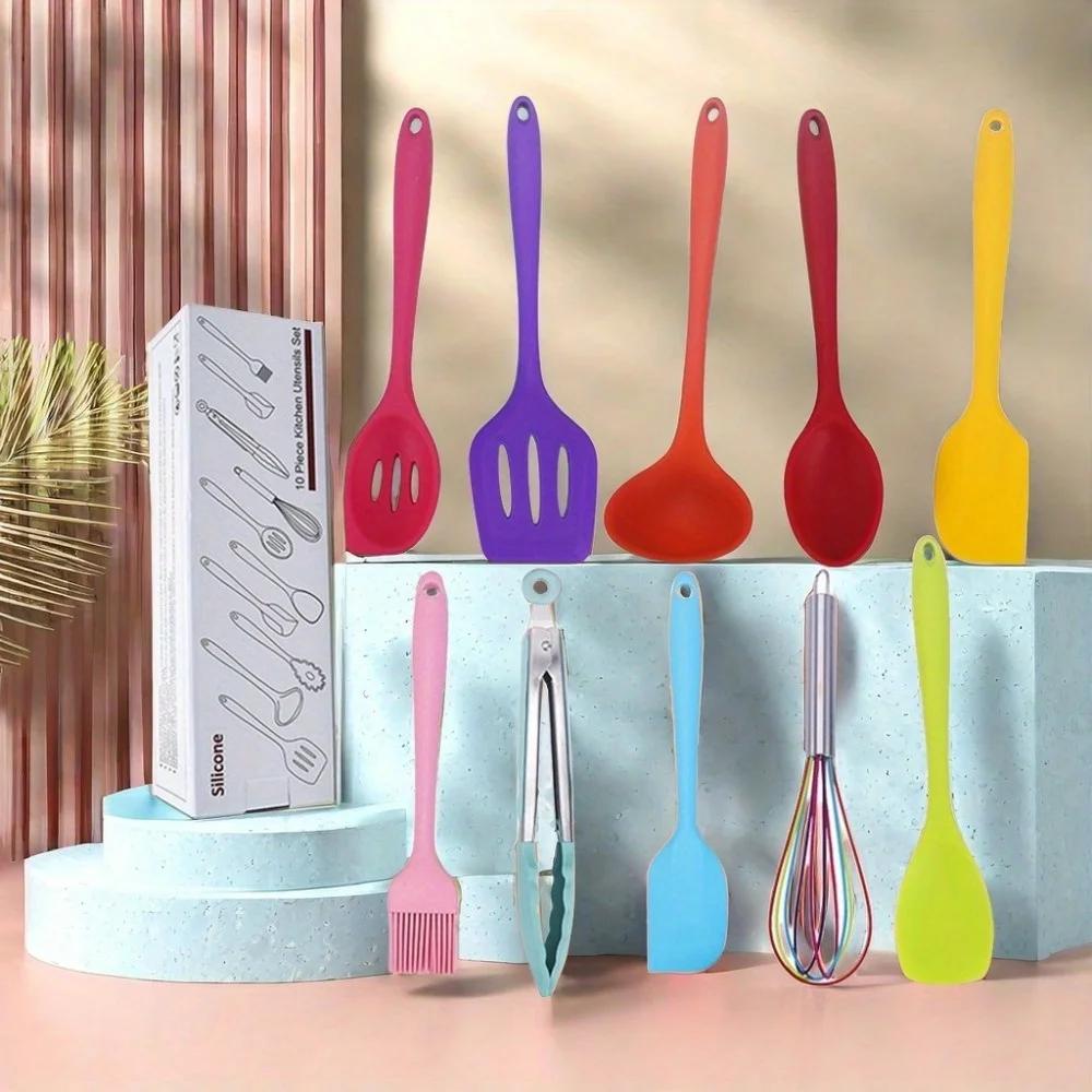 Colorful Kitchenware 10 Piece Set Storage Bucket Multifunctional Non Stick Pot Spatula Cooking Set Color Box