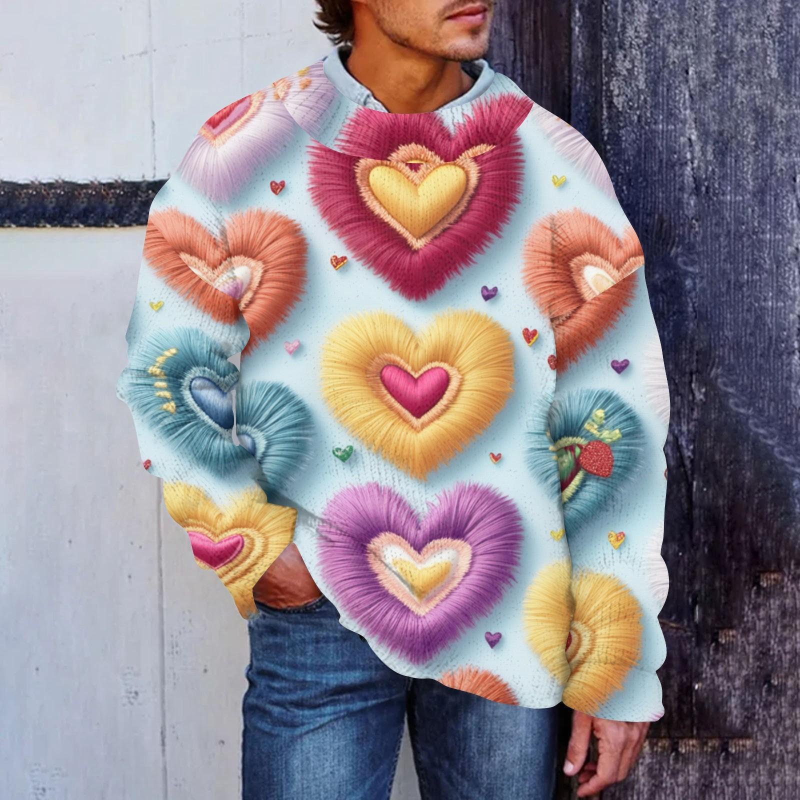 Мужская мода Повседневная кофта с длинными рукавами на День святого Валентина Нежный принтованный свитер с круглым вырезом из шерсти и имитацией цветка Толстовка с капюшоном с круглым вырезом Свободные длинные рукава XXL 2157₽