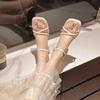 Open-toed rhinestone high-heeled sandals commuting summer fashion going out thick heel square head one-word buckle with skirt women's shoes