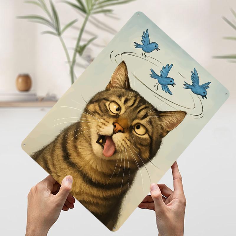 Dizzy Cat With Birds Poster Customized Vintage Metal Signs Wall Art Retro Tin Plaque for Home and Decoration Gaming Custom Plate