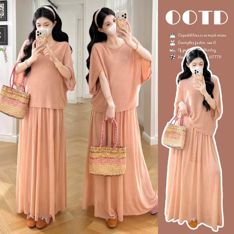 2026 Summer Lazy A-line Maternity Set: Round Neck, Long Sleeve, Simple Style XL
