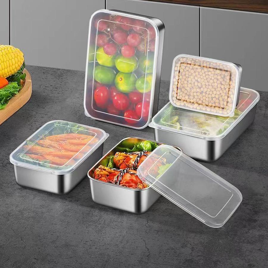 Stainless Steel Food Containers Rectangle Food Storage Box Set of 4 Leak Proof Clear Plastic Lid Airtight Meat Storage Container