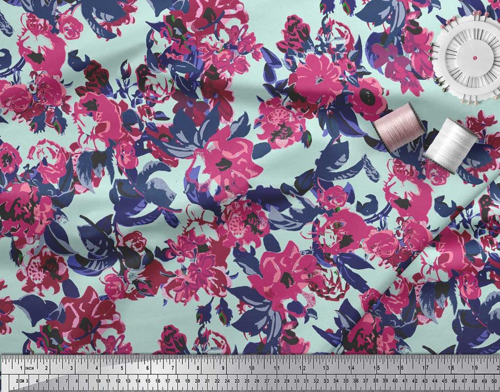 Soimoi Blue Poly Crepe Fabric Artistic Leaf & Floral Fabric Prints By Metre 42 Inch