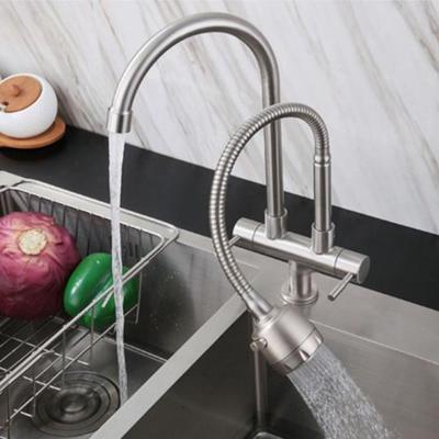 304 Stainless Steel Double Sink Tap 2 Mode 360° Rotate Pillar Mounted Tap Flexible Kitchen Water Faucet Commercial Use