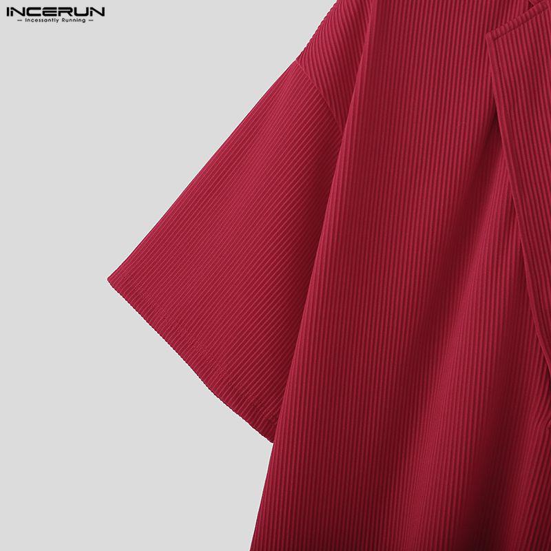 INCERUN Summer Two Pieces Men V Neck Texture Short Sleeve Tops and Shorts Clothing Sets