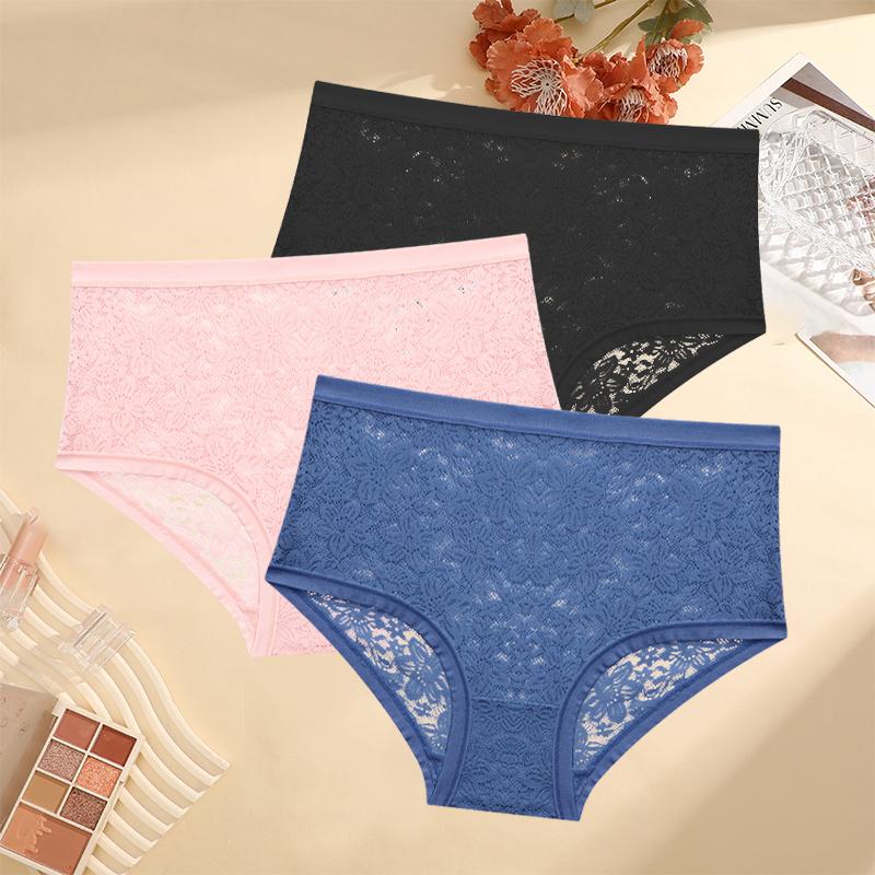 3PCS/Set Floral Embroidery Lace Panties Women's Plus Size Underwear Sexy Hollow Solid Briefs Girls Mid-Rise Temptation Lingerie