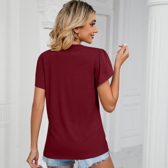 V-neck Petal Short Sleeve Women T-shirt Summer Golden Lace Stitching Loose Pullover Top Streetwear