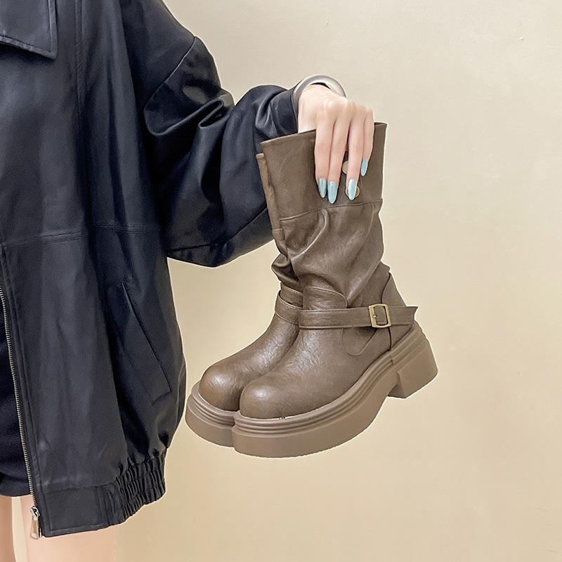 British style short boots thick heel thick-soled medium boots autumn and winter design sense retro leather boots foldable women's fashion boots